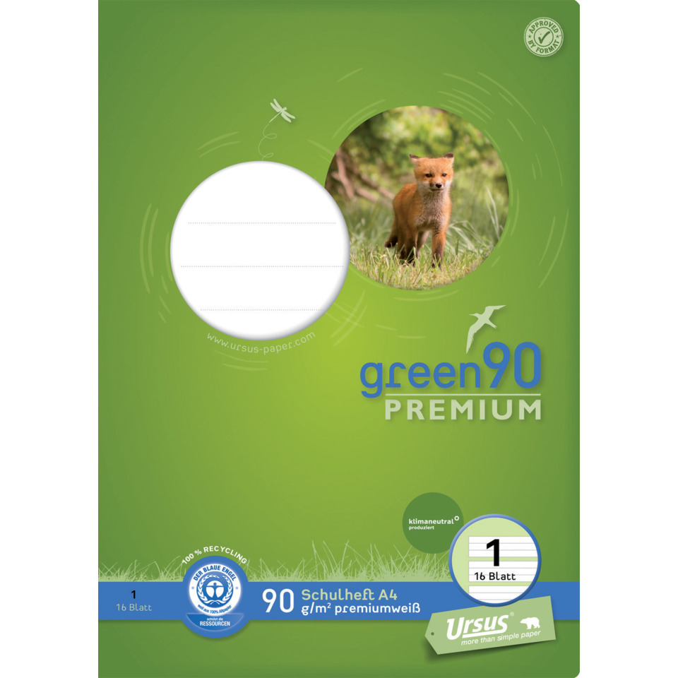 grünes papier, Schulheft A4, Recyclingpapier, Premium, Ursus