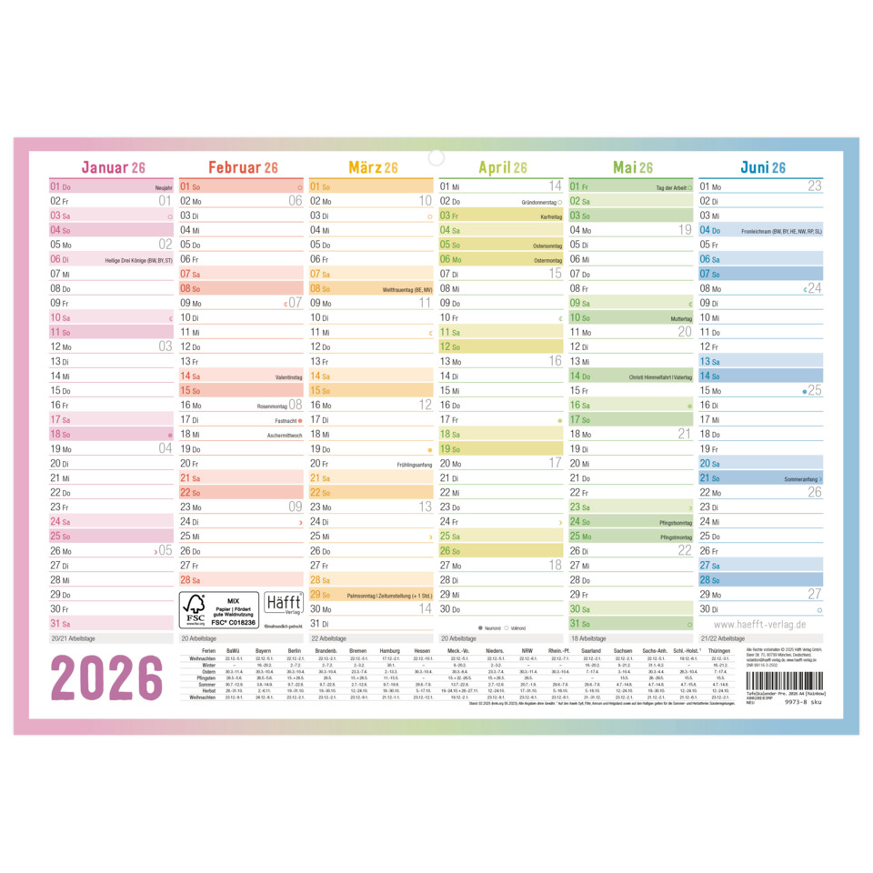 Kalender, Monatskalender, Jahreskalender, 2026, Mehrfarbig