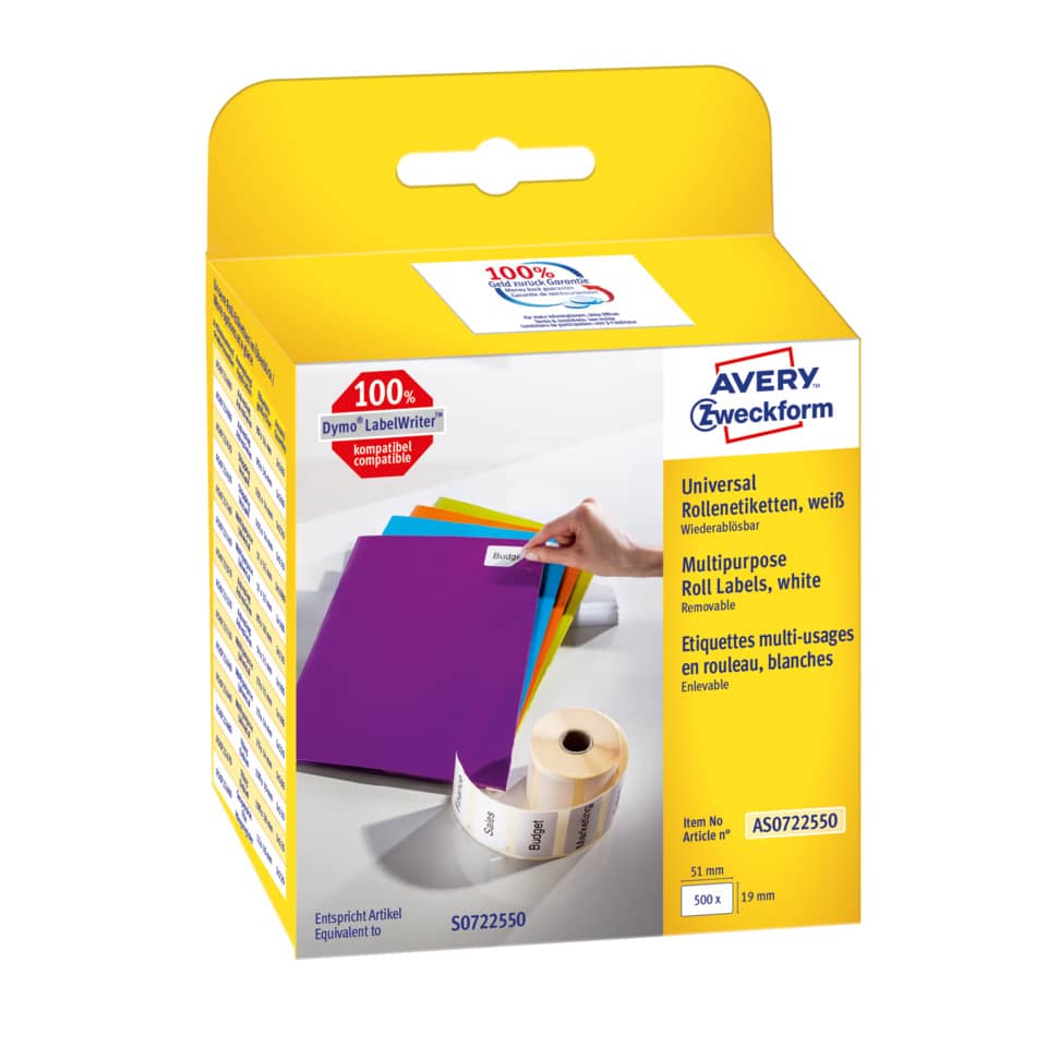 Rollen-Etiketten ablösbar, 19x51mm, 500 Stück, weiß AVERY ZWECKFORM AS0722550