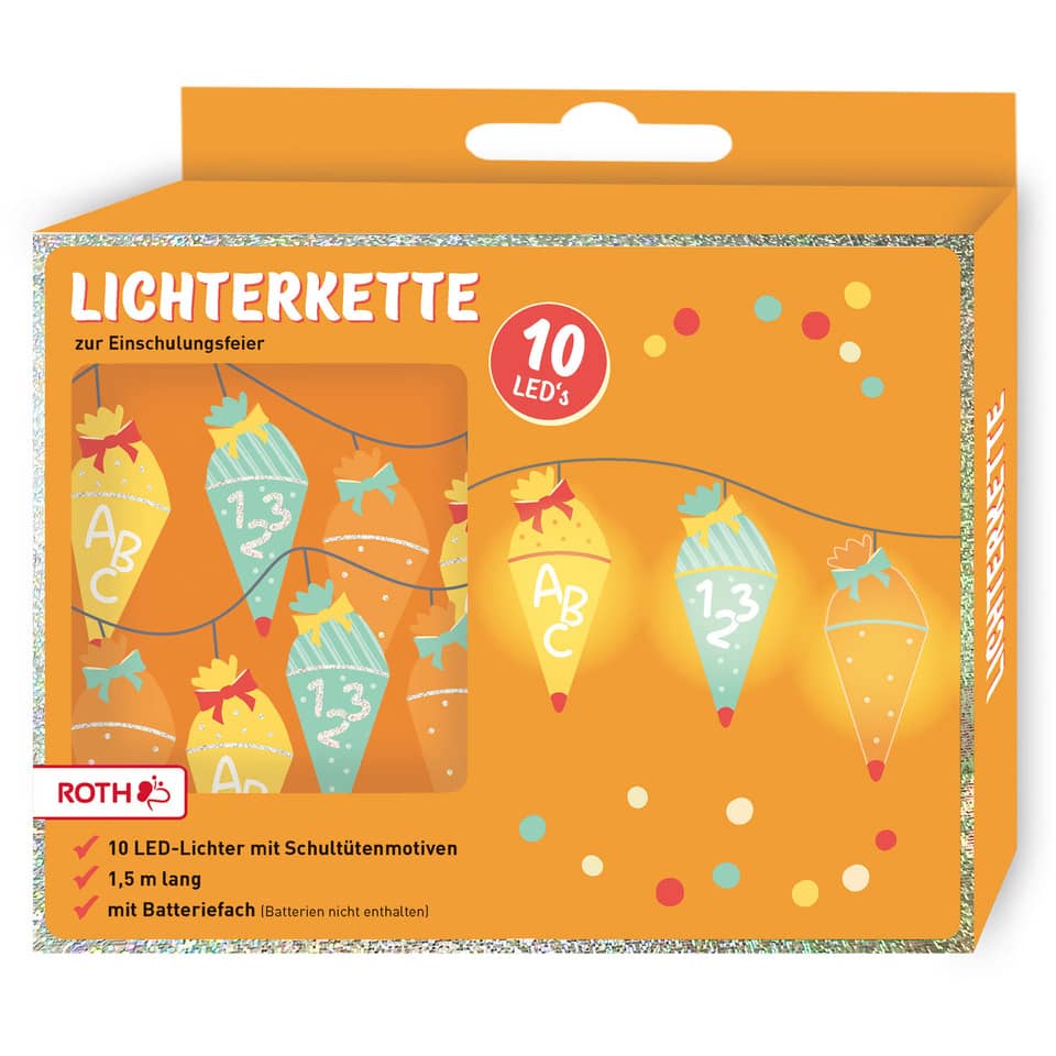LED-Lichterkette, Lichterkette, Bunte Lichter, Schultütenmotive, 10 LEDs